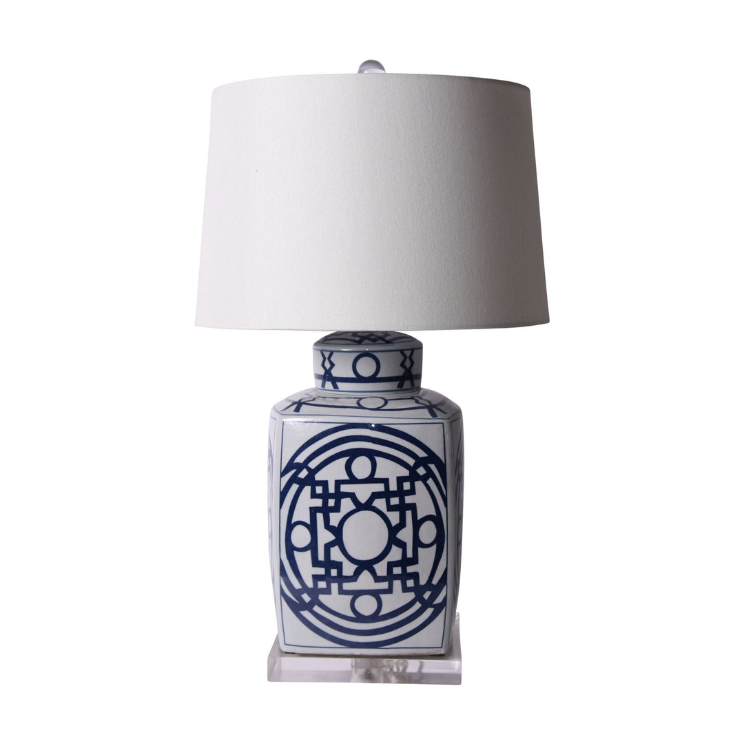 Blue and White Square Tea Jar With Pattern of Lines Lamp