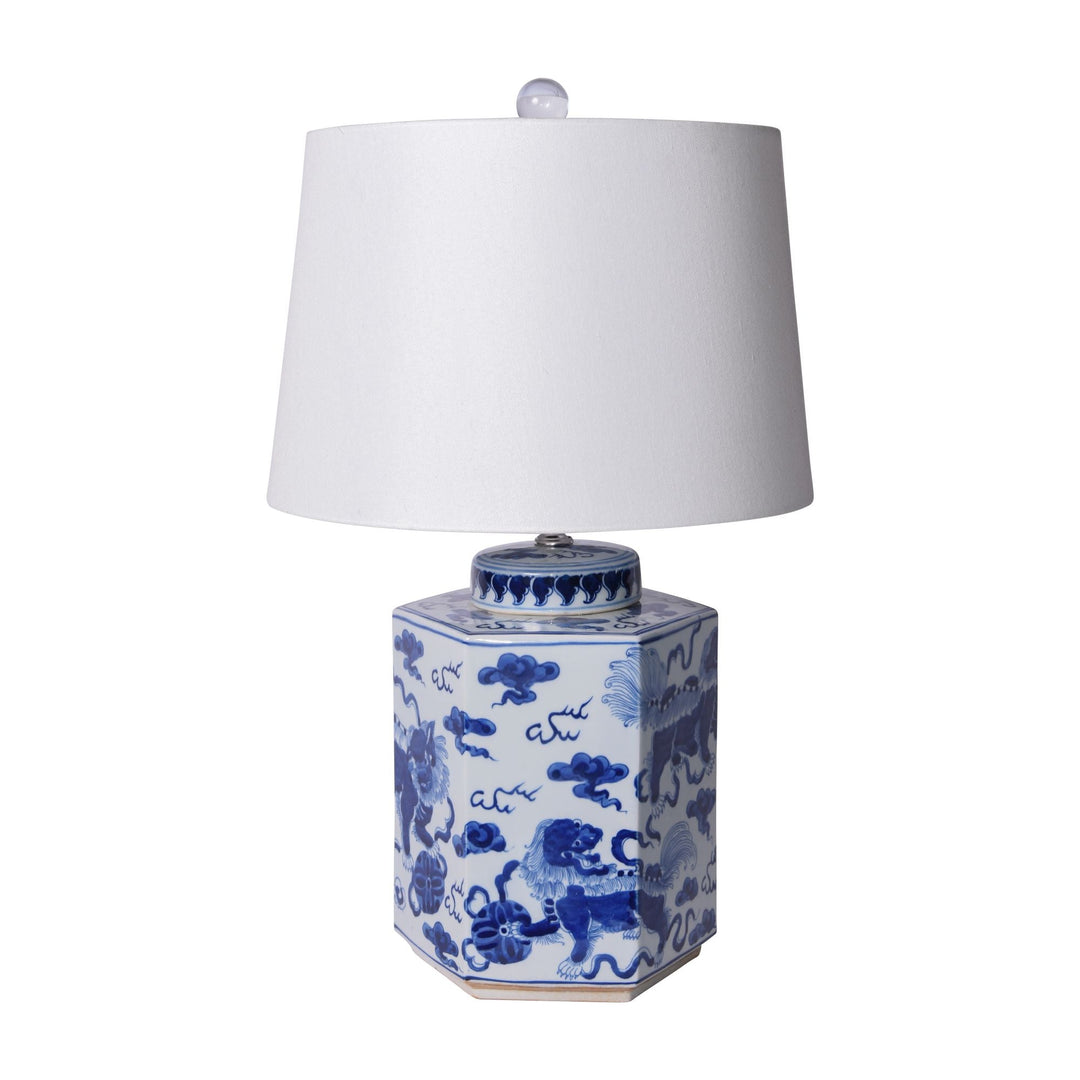 Blue and White Lion Hexagonal Tea Jar Lamp