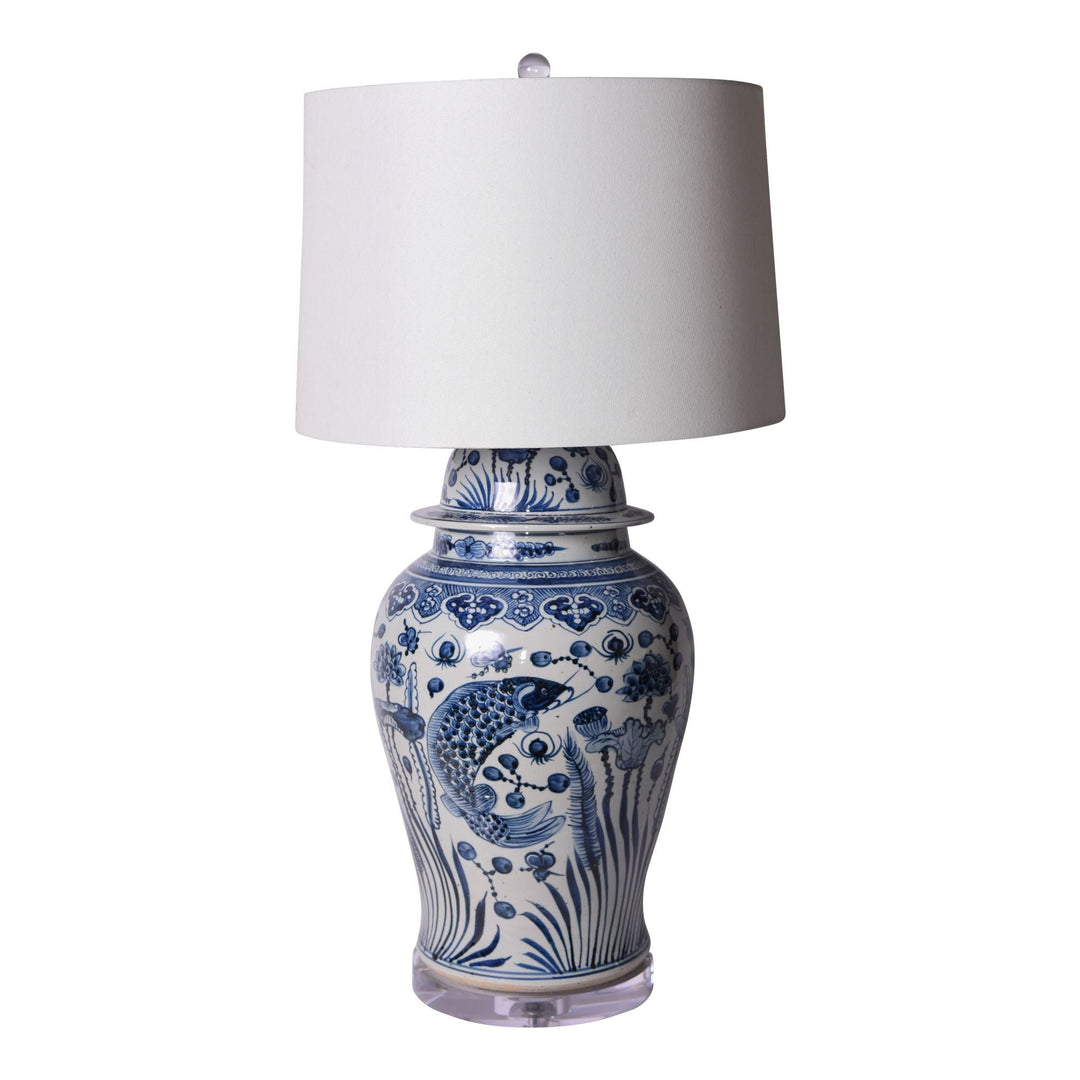 Blue And White Fish Temple Jar Table Lamp