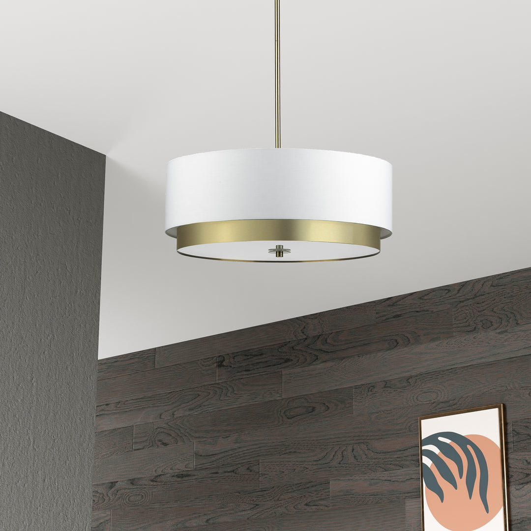 Dainolite 4 Light Large Pendant, Aged Brass with White Shade, Frosted Glass Diffuser