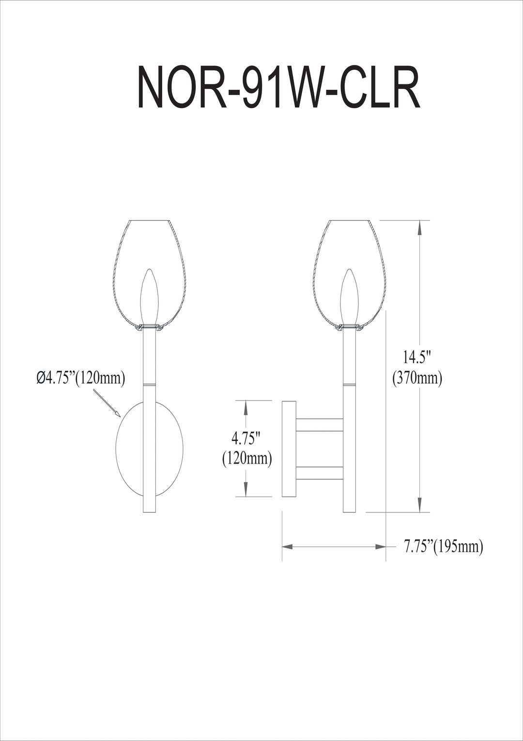 Dainolite 1 Light Incandescent Wall Sconce, Matte Black w/ Clear Glass