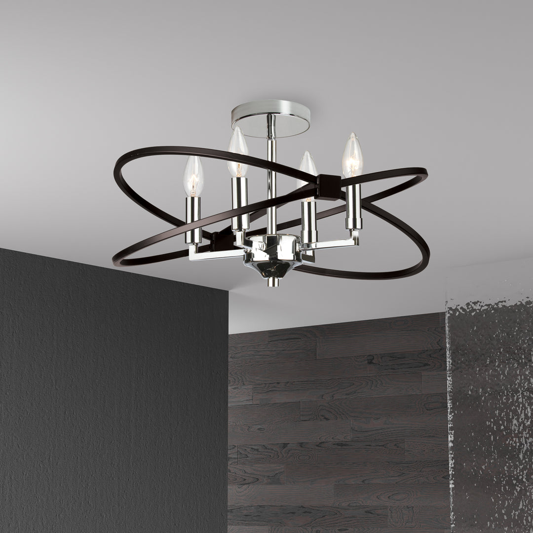 Dainolite 4 Light Incandescent Semi Flush, Polished Chrome and Matte Black Finish