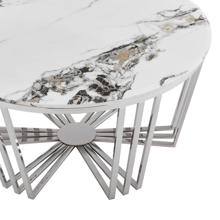 Lunar Gleam Chrome Coffee Table, Chrome and White Marble Finish