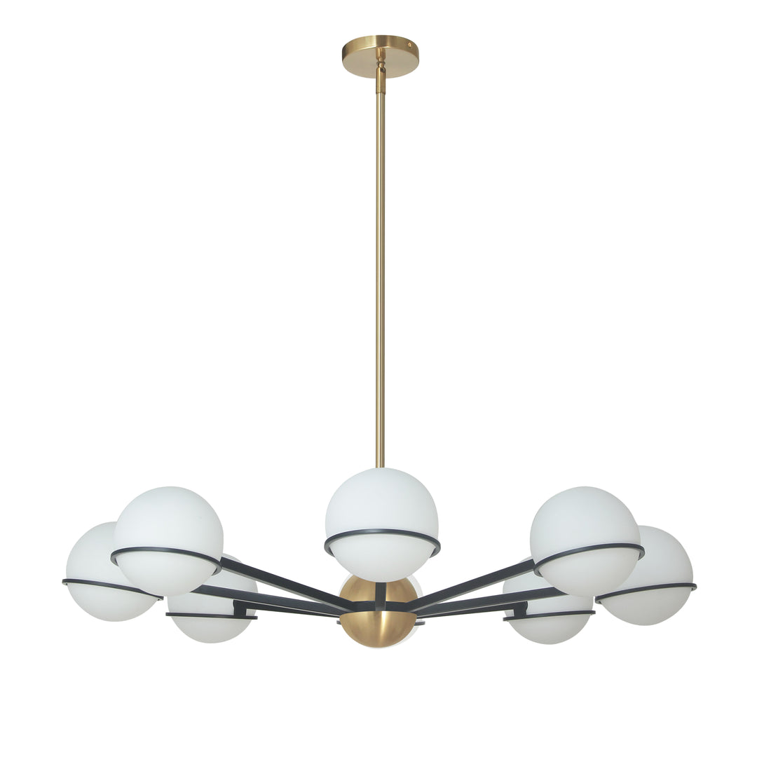 Dainolite 8 Light Halogen Chandelier, Matte Black / Aged Brass with White Opal Glass