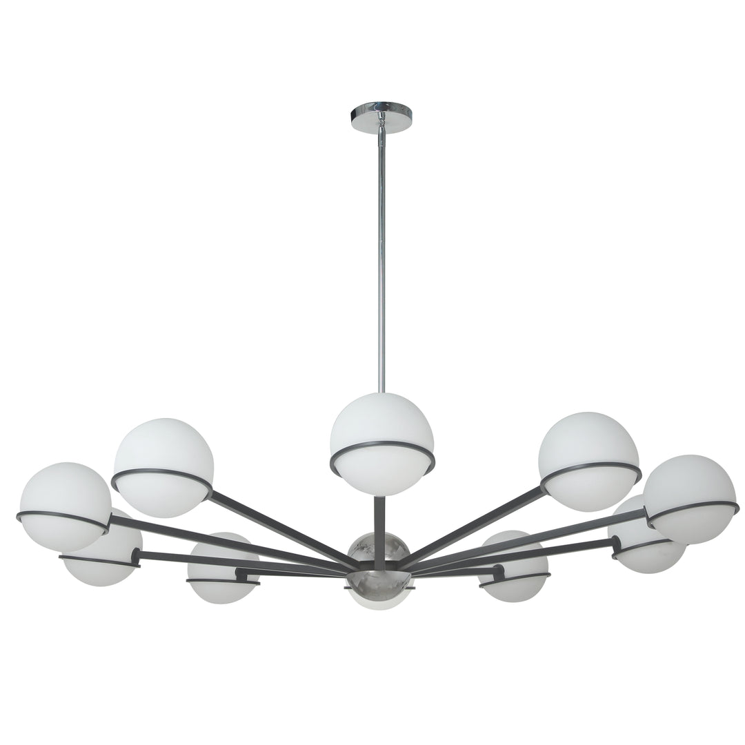 Dainolite 10 Light Halogen Chandelier, Matte Black / Aged Brass with White Opal Glass