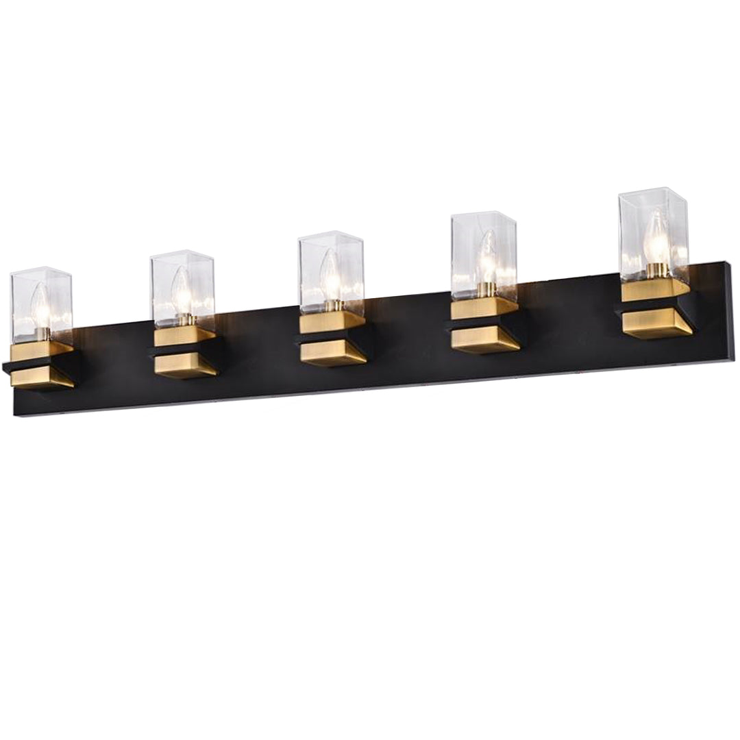 Dainolite 5 Light Incandescent Vanity, Matte Black & Aged Brass w/ Clear Glass