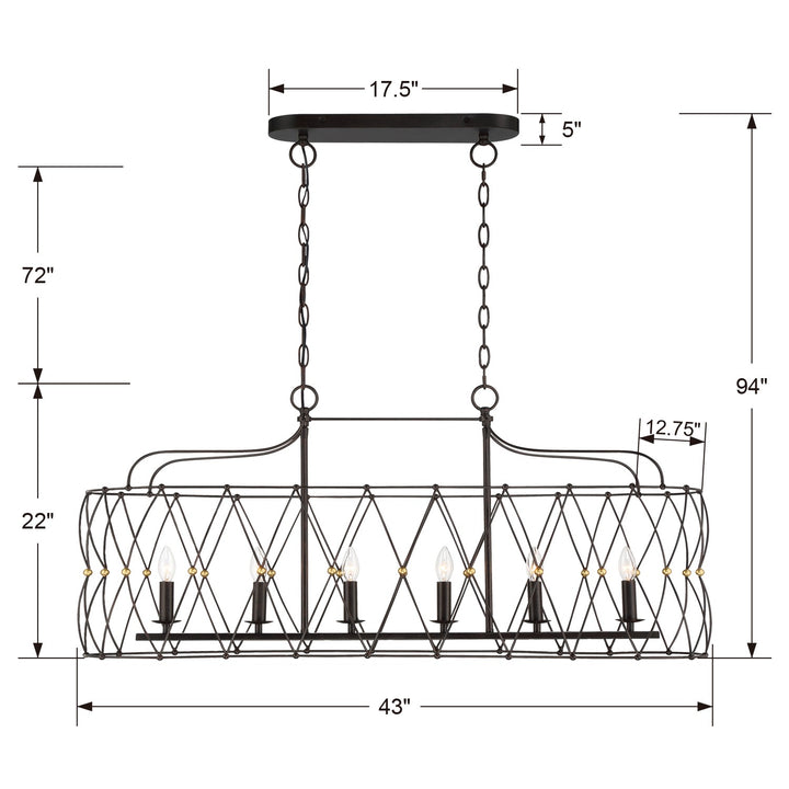 Crystorama Zucca 6 Light English Bronze + Antique Gold Linear Chandelier