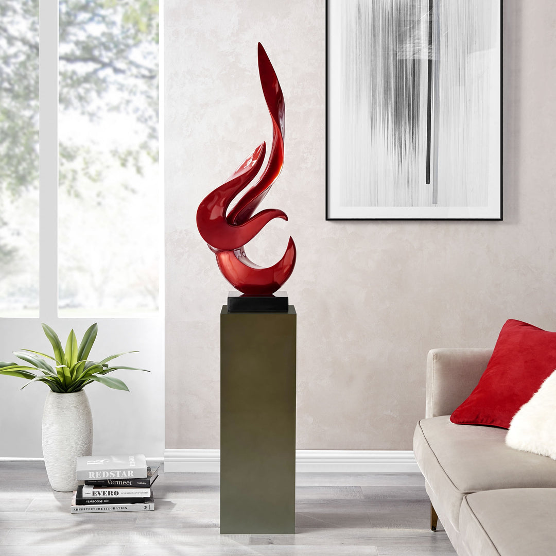 Metallic Red Flame Floor Sculpture With Gray Stand, 65" Tall